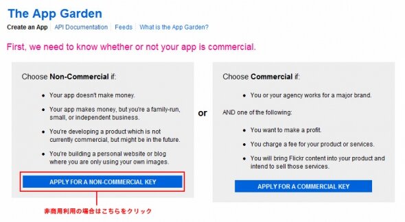 非商用利用の"APPLY FOR A NON-COMMERCIAL KEY"をクリックする 非商用利用の"APPLY FOR A NON-COMMERCIAL KEY"をクリックする